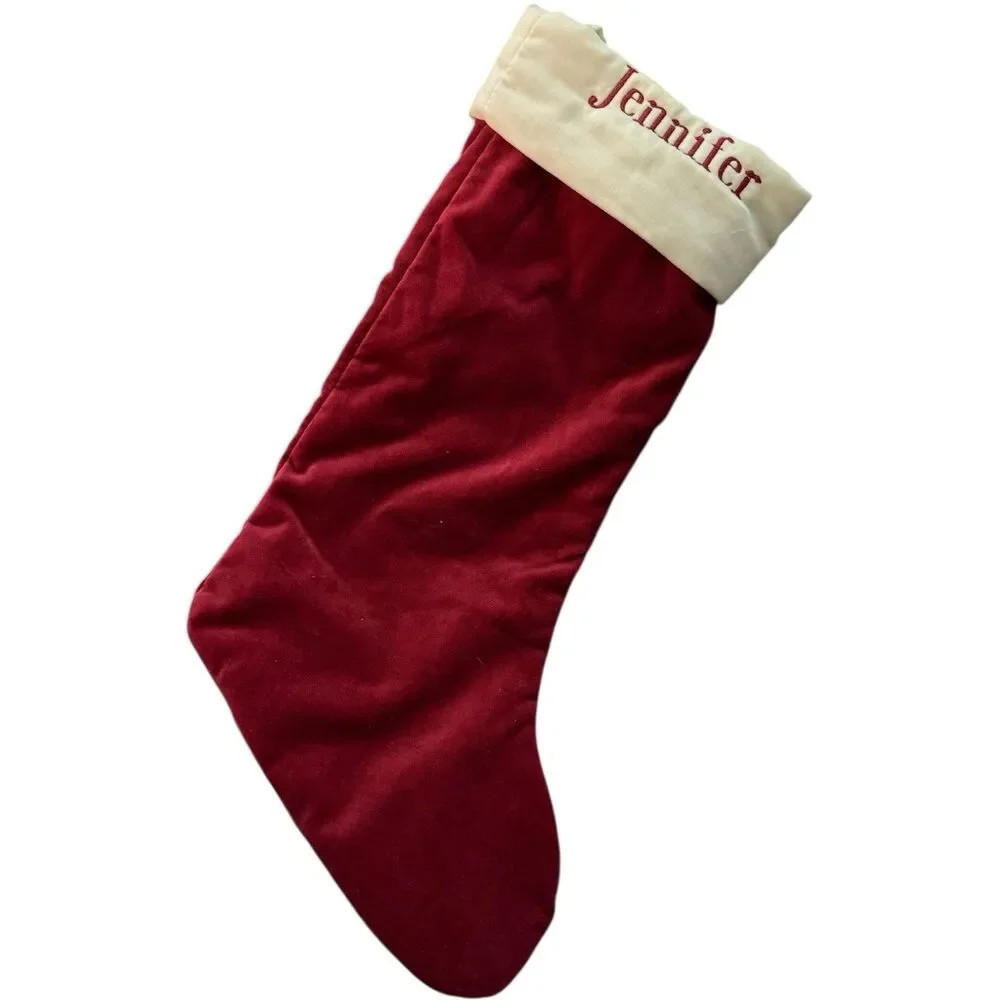 Pottery Barn Classic Jennifer Monogram Red Ivory Velvet Christmas Stocking